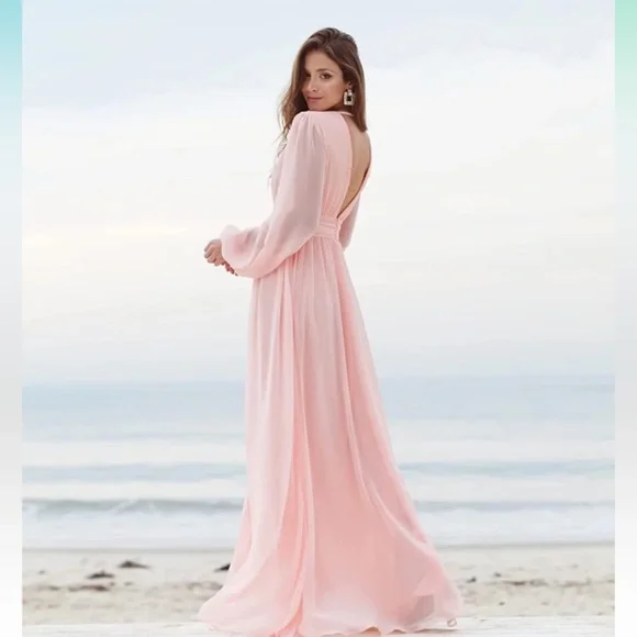 Women’s V Neck Long Sleeves Bridesmaid Dresses with - Picture 4 of 7